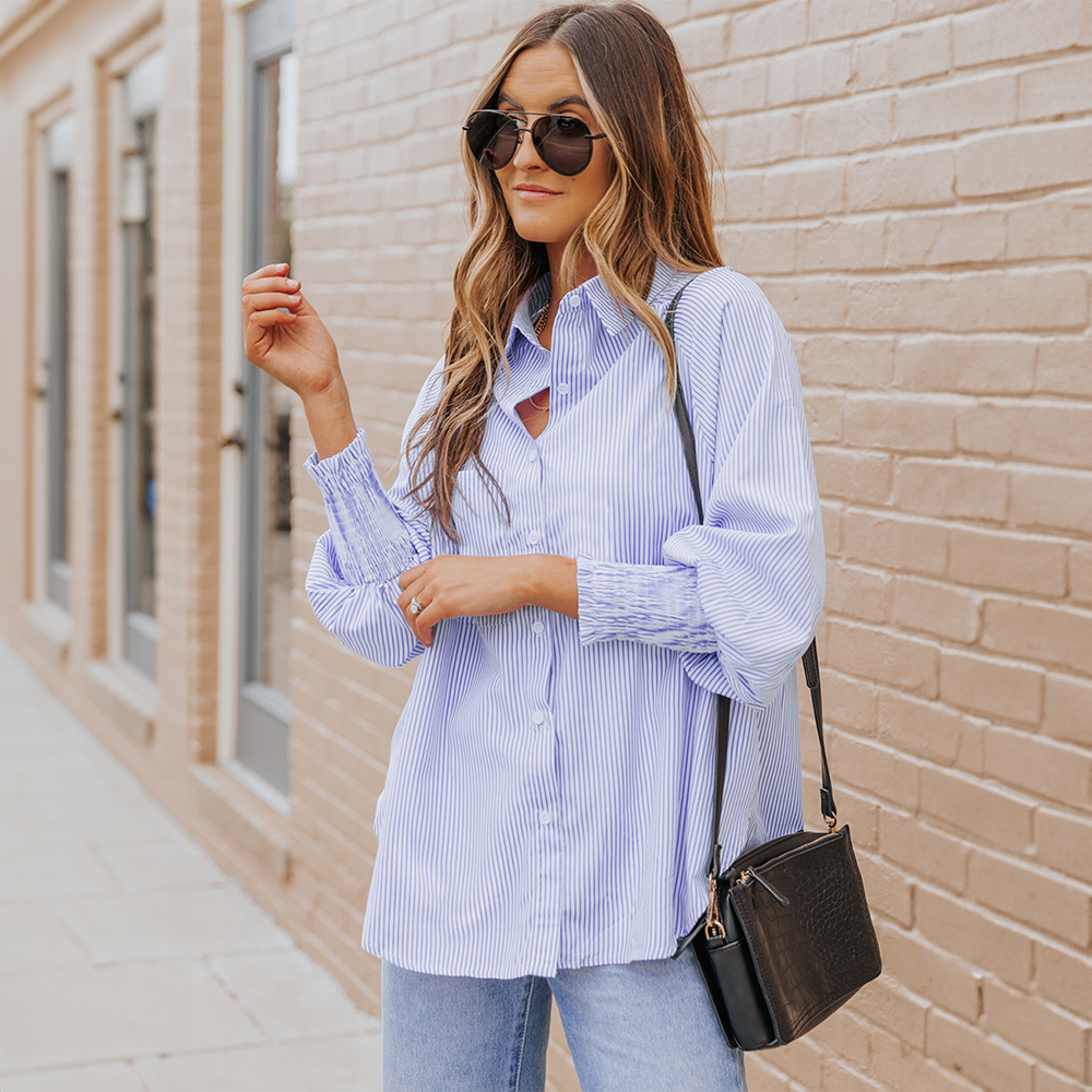 Smocked Cuffed Striped Boyfriend Shirt with Pocket