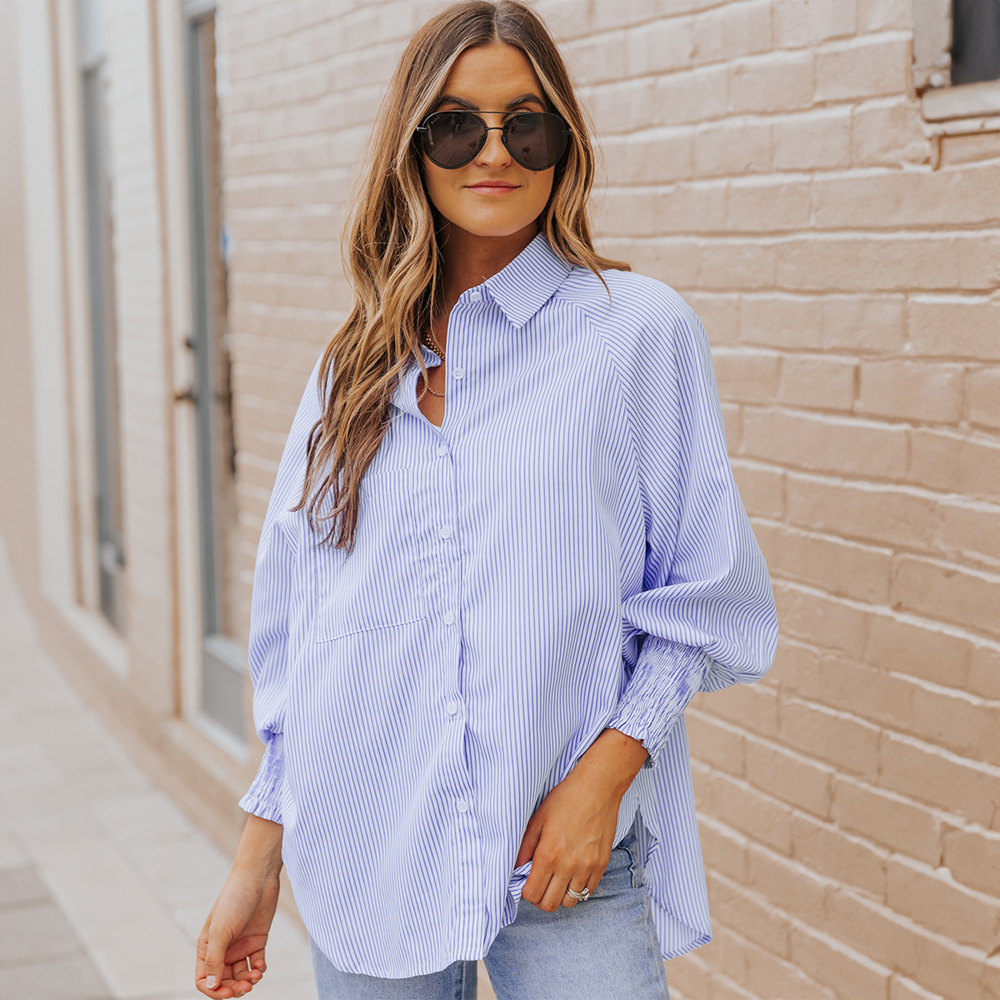 Smocked Cuffed Striped Boyfriend Shirt with Pocket