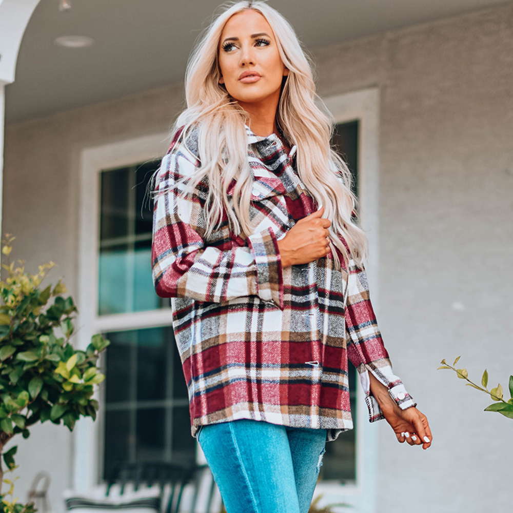 Geometric Plaid Print Pocketed Shacket