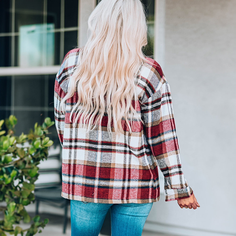 Geometric Plaid Print Pocketed Shacket