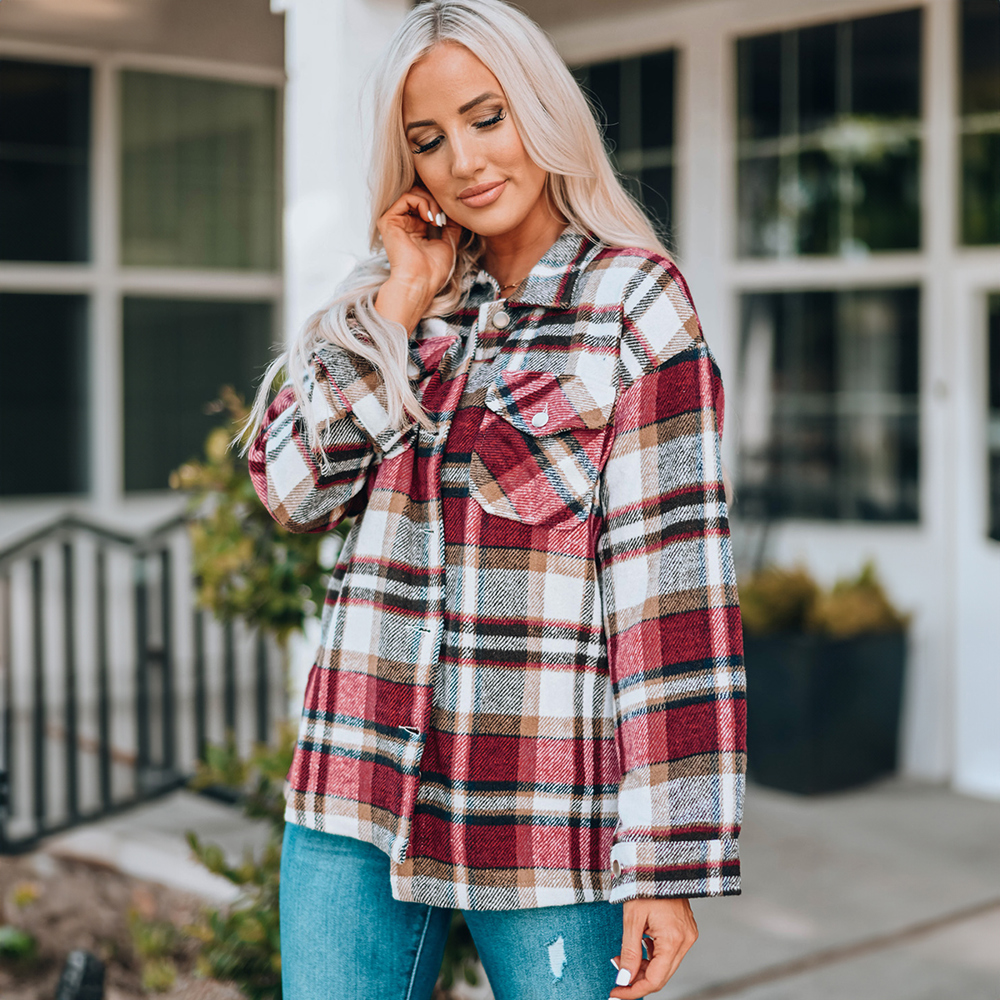 Geometric Plaid Print Pocketed Shacket