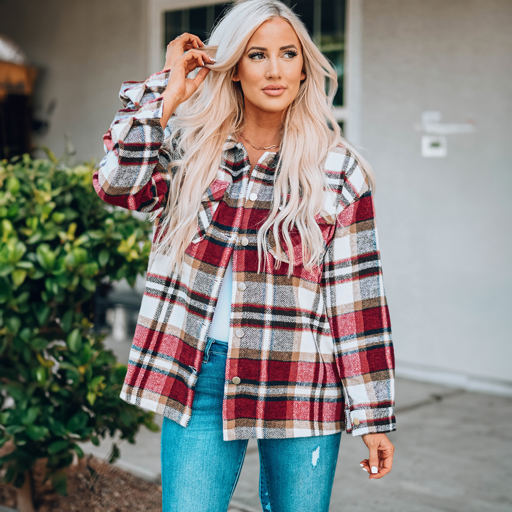 Geometric Plaid Print Pocketed Shacket