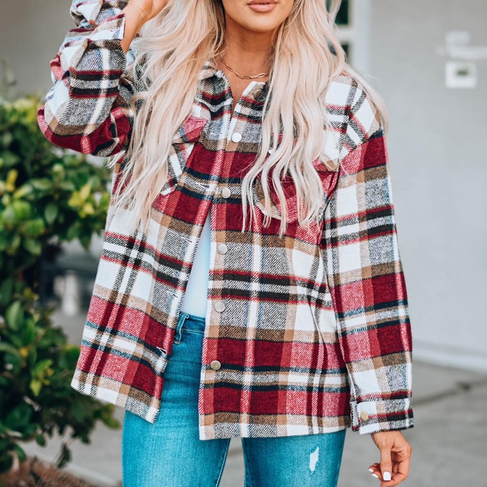 Geometric Plaid Print Pocketed Shacket