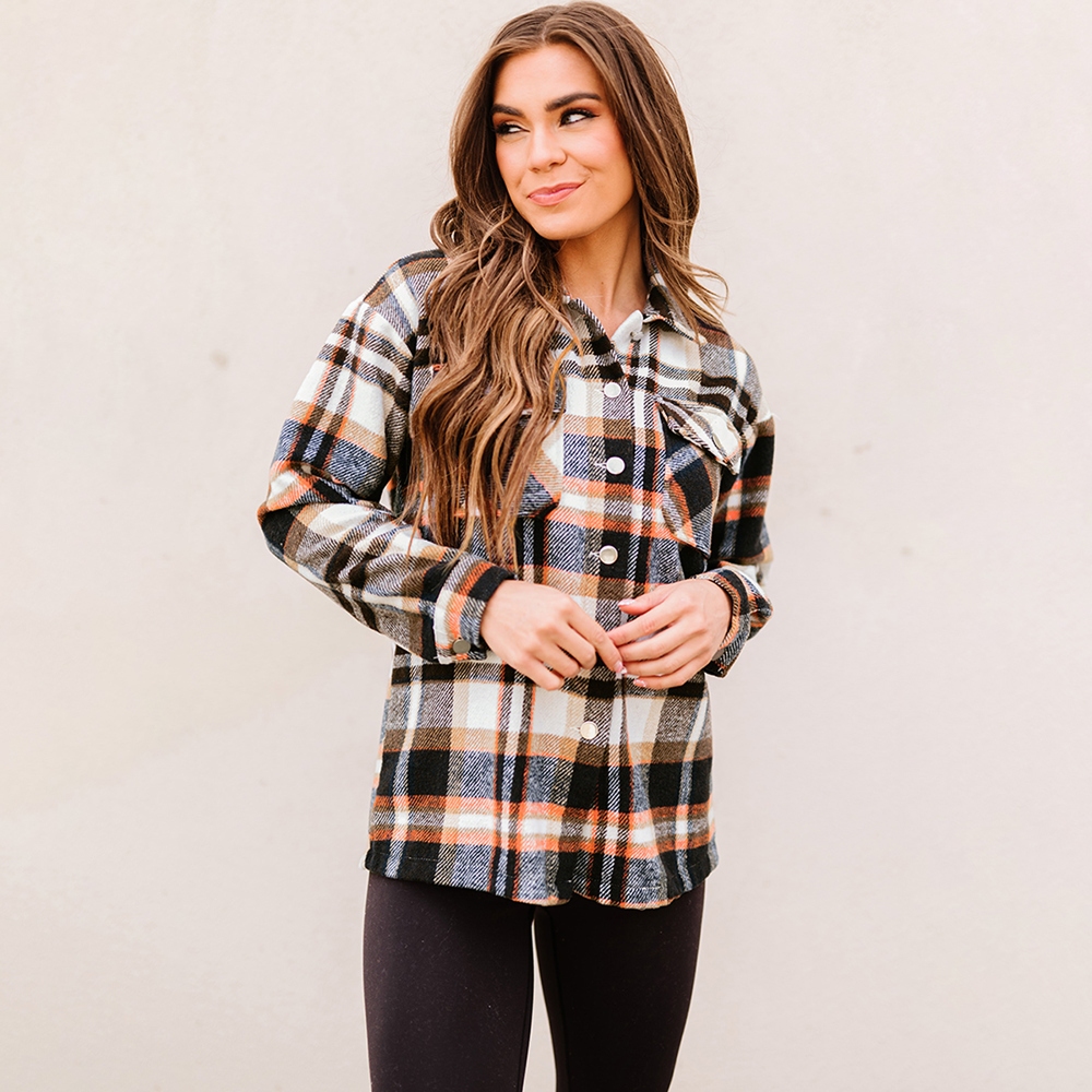 Geometric Plaid Print Pocketed Shacket