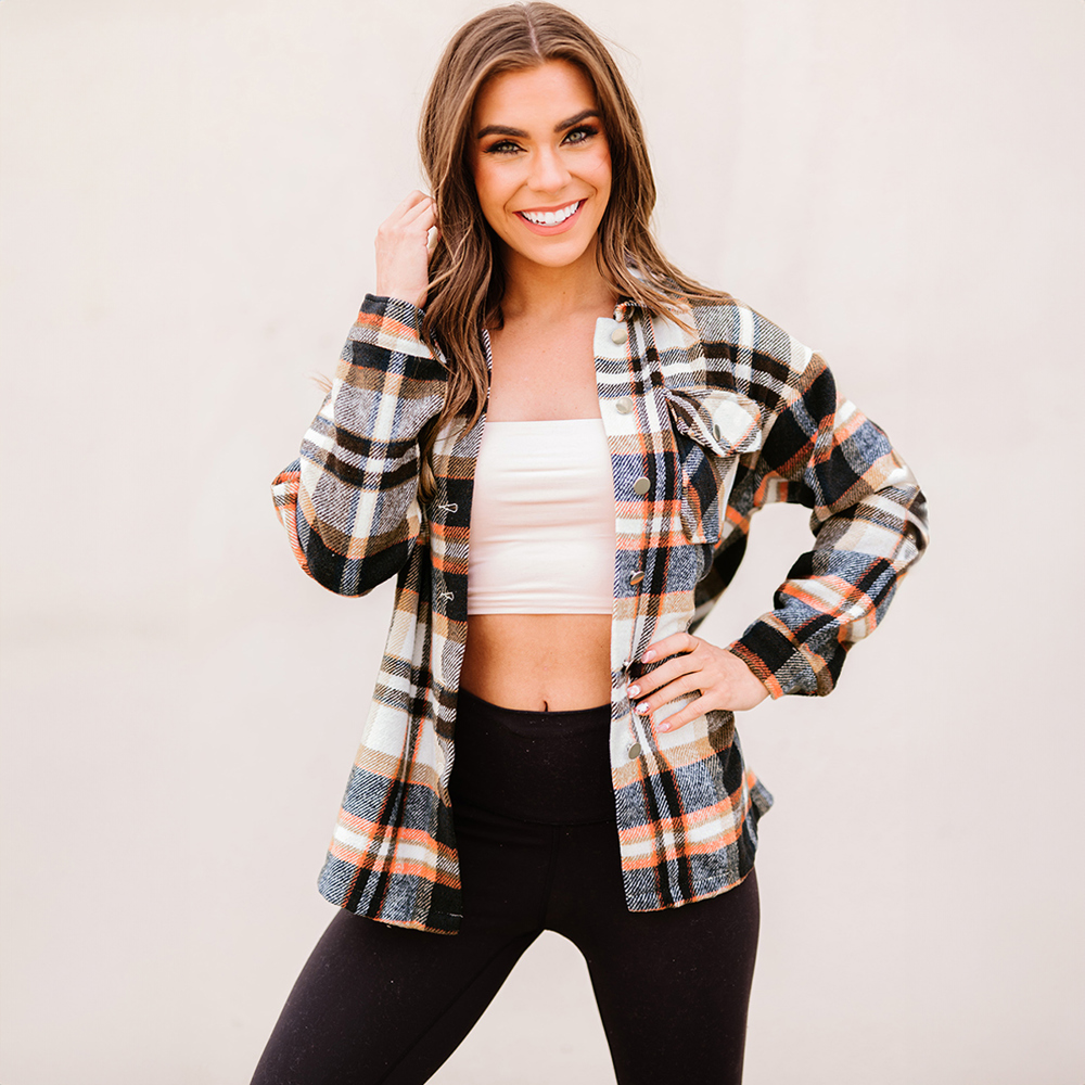 Geometric Plaid Print Pocketed Shacket