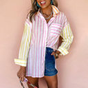  Pink Stripe Contrast Collar Long Sleeve Patchwork Shirt