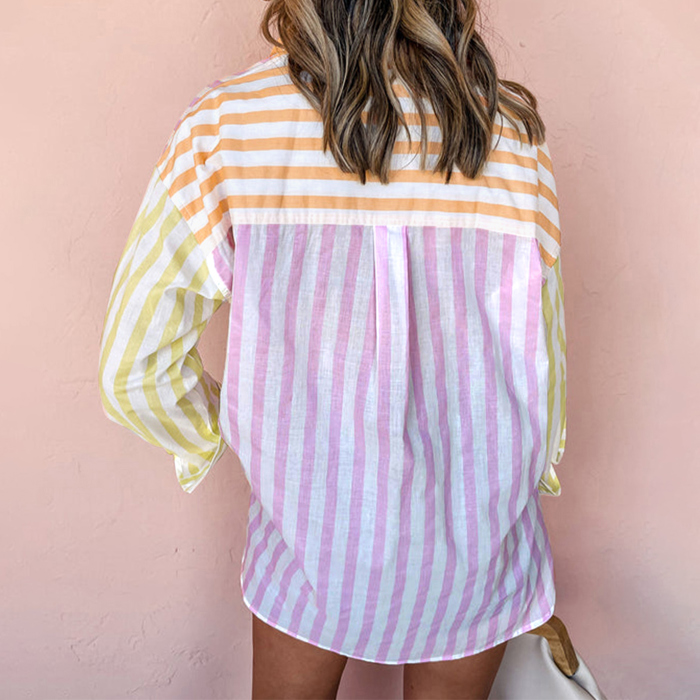 Pink Stripe Contrast Collar Long Sleeve Patchwork Shirt