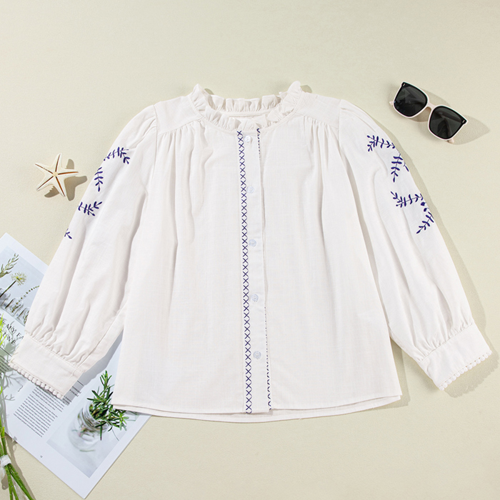 White Floral Embroidered Bracelet Sleeve Shirt