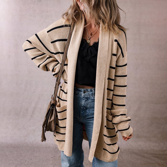 Black Stripe Shawl Neckline Open Cardigan with Pockets