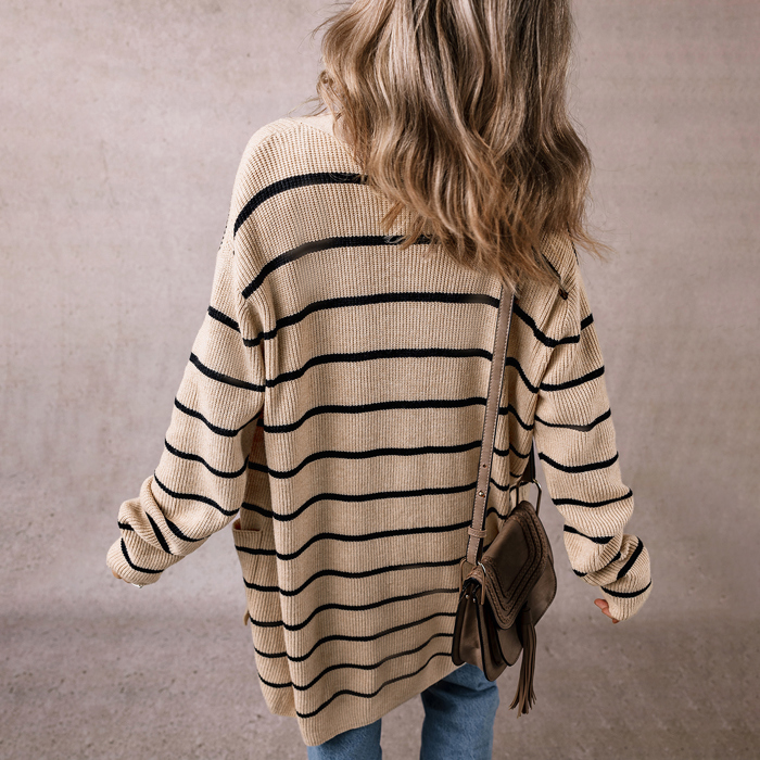 Black Stripe Shawl Neckline Open Cardigan with Pockets