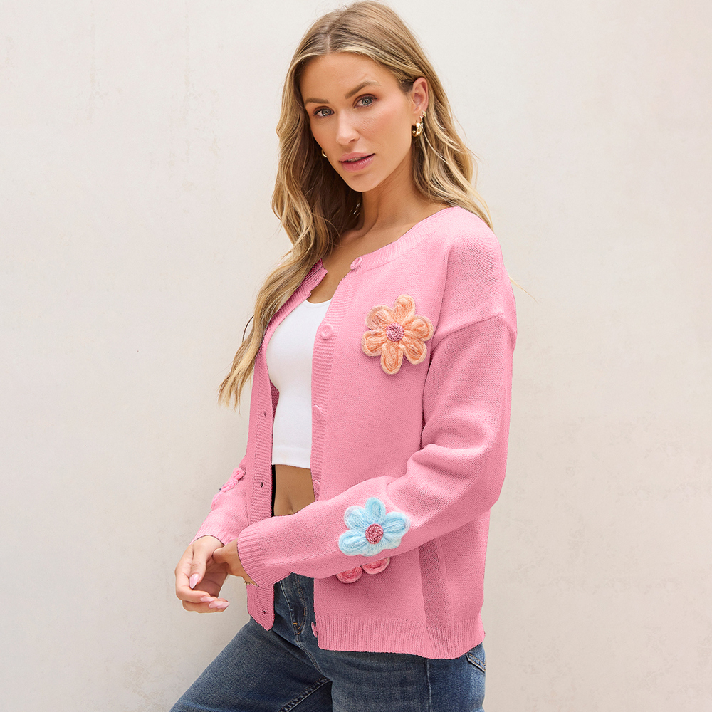 Pink Cute Knitted Floral Pattern Button Up Cardigan