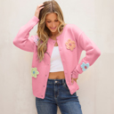  Pink Cute Knitted Floral Pattern Button Up Cardigan