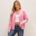  Pink Cute Knitted Floral Pattern Button Up Cardigan