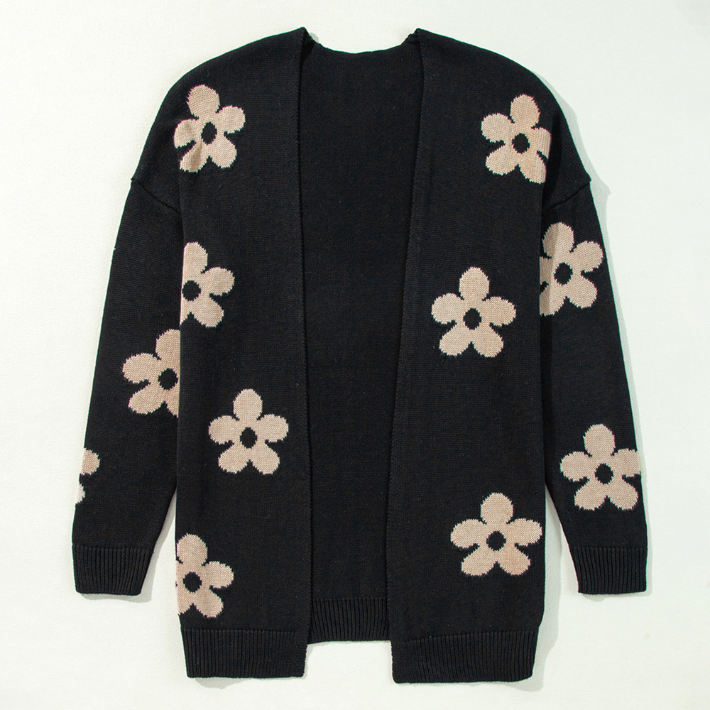 Floral Print Knitted Open Front Loose Cardigan