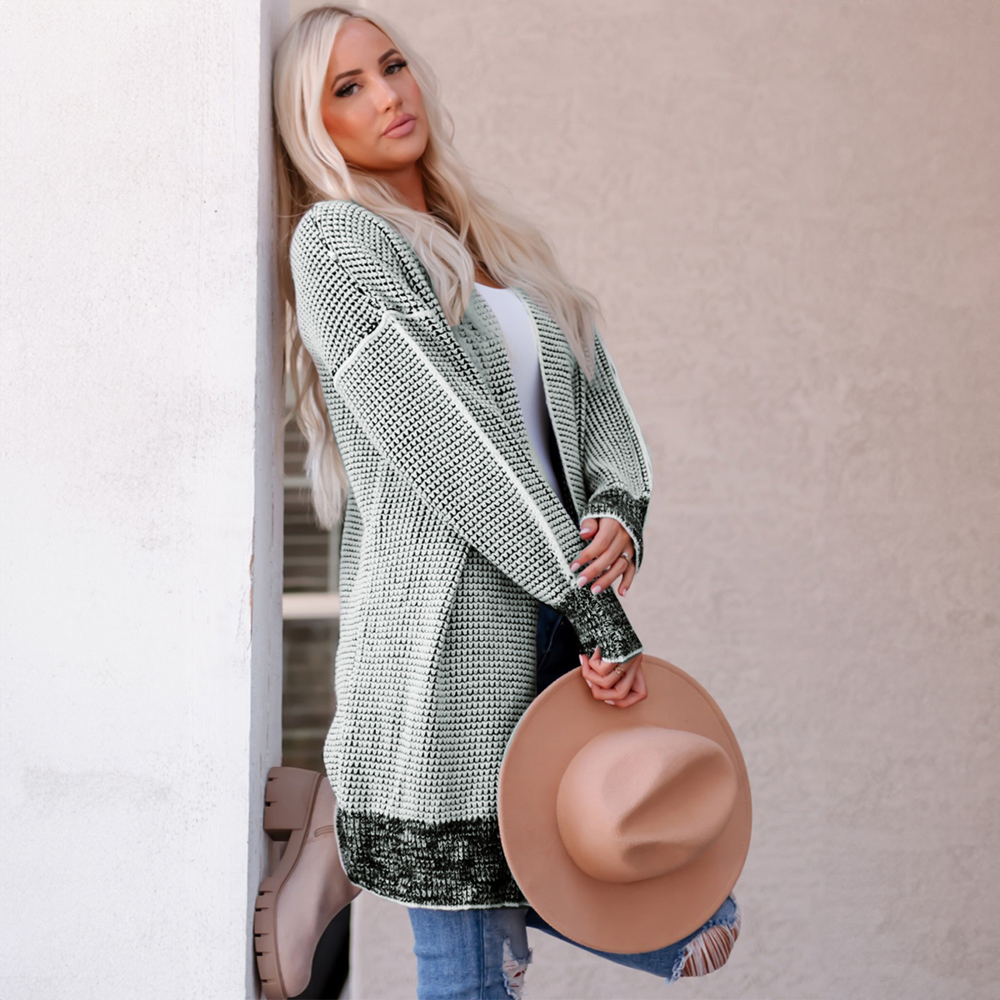 Gray Plaid Knitted Long Open Front Cardigan