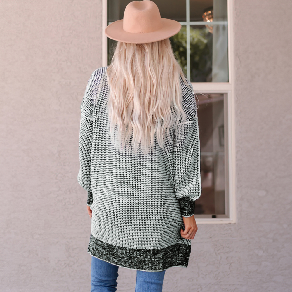 Gray Plaid Knitted Long Open Front Cardigan