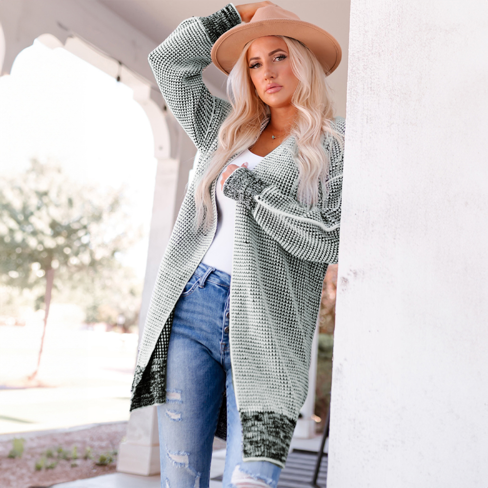 Gray Plaid Knitted Long Open Front Cardigan