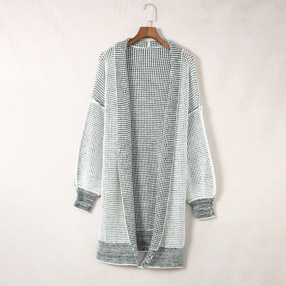 Gray Plaid Knitted Long Open Front Cardigan