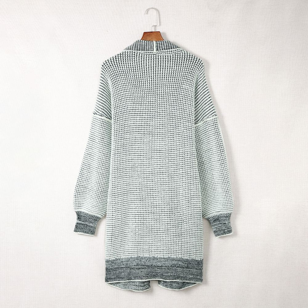 Gray Plaid Knitted Long Open Front Cardigan