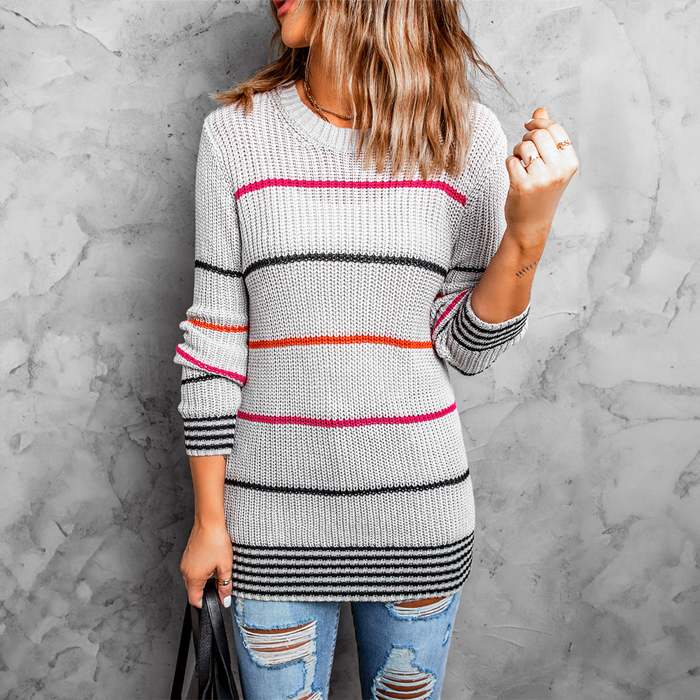 Gray Ribbed Knit Striped Sweater