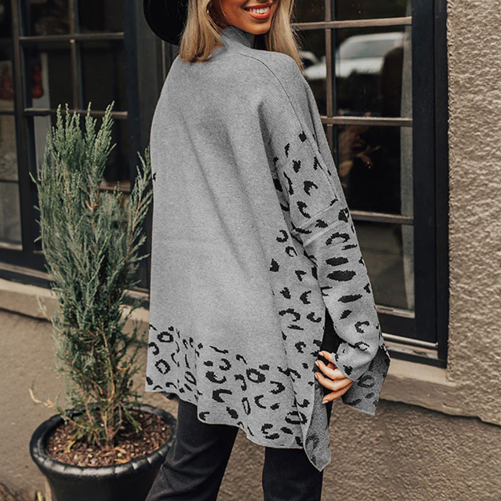 Leopard High Neck Side Slit Oversized Sweater