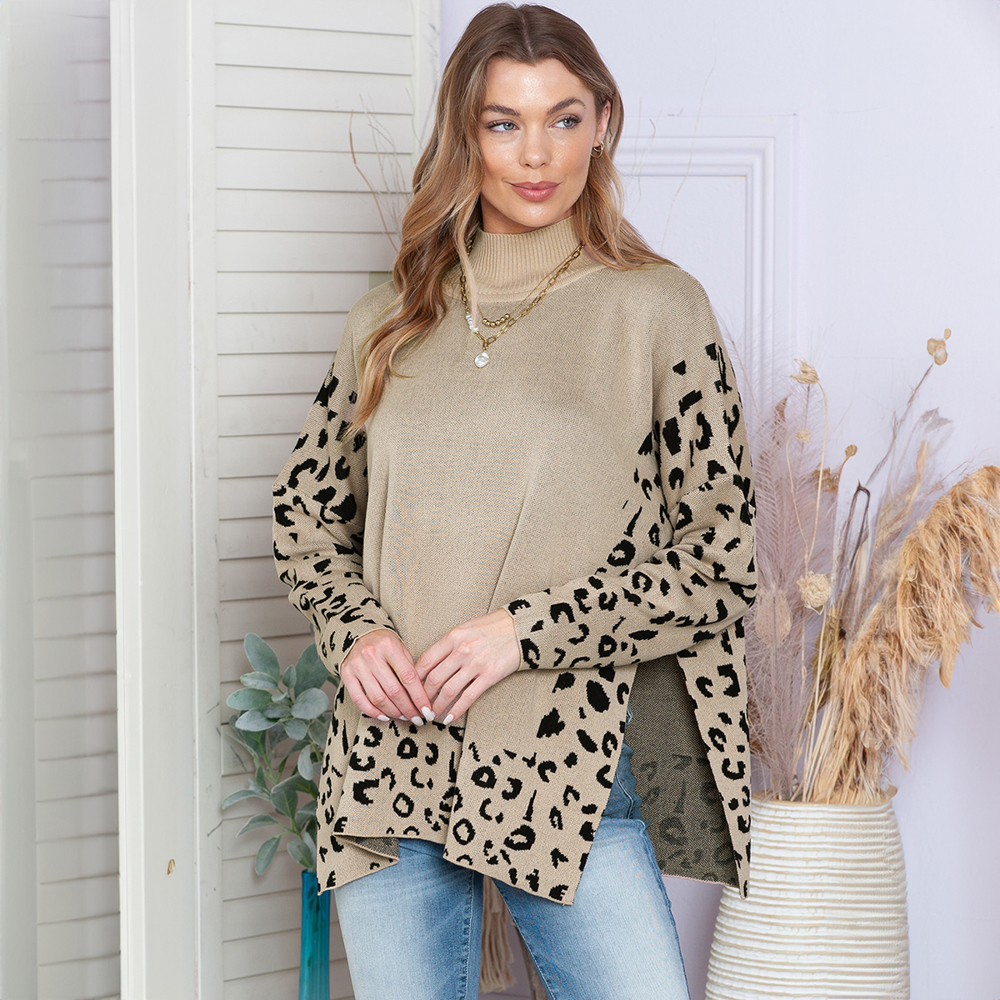 Leopard High Neck Side Slit Oversized Sweater