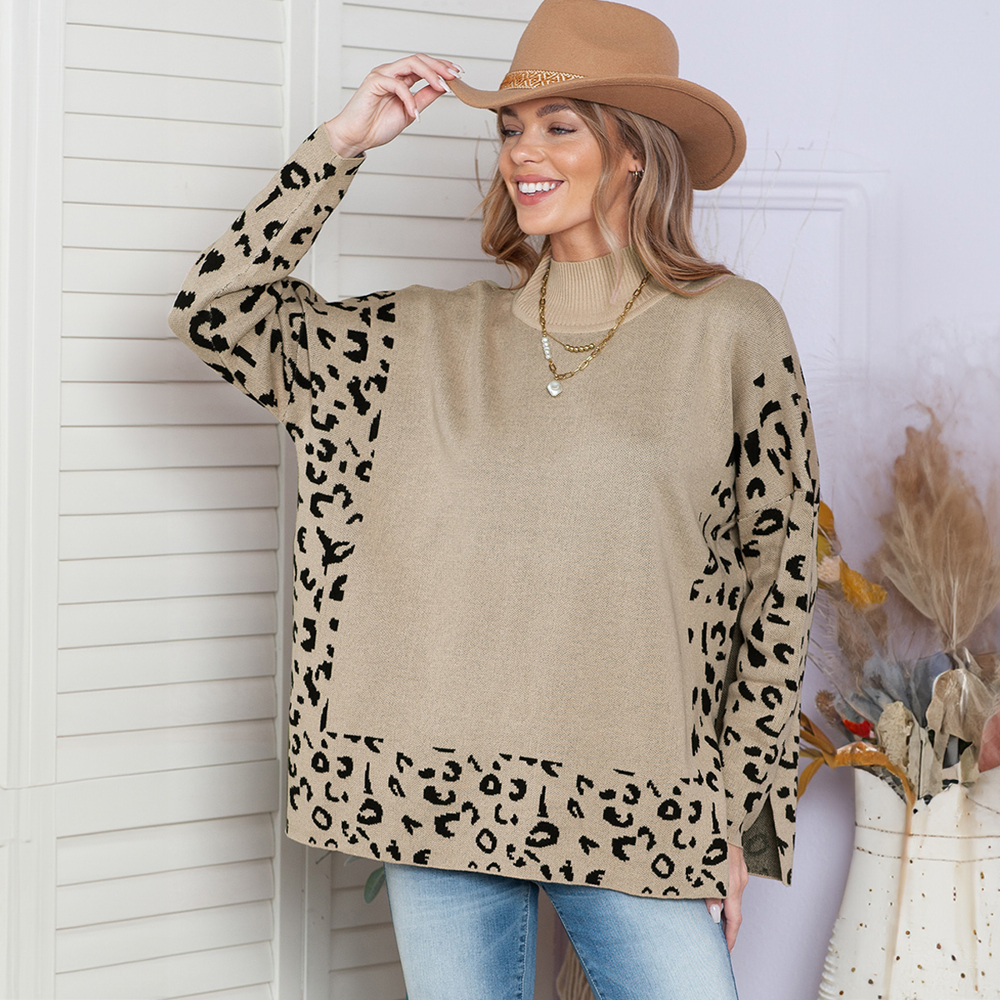 Leopard High Neck Side Slit Oversized Sweater