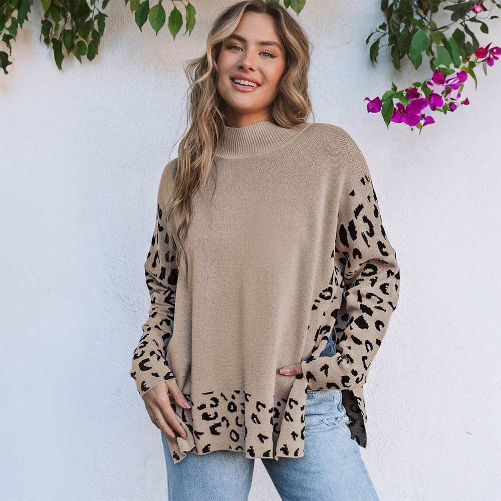 Leopard High Neck Side Slit Oversized Sweater