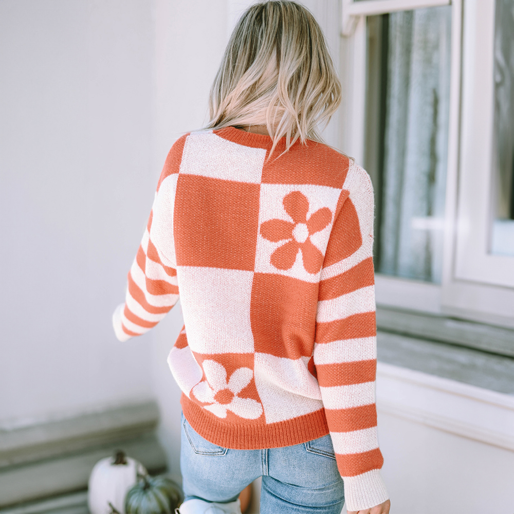 Checkered Floral Print Striped Sleeve Sweater