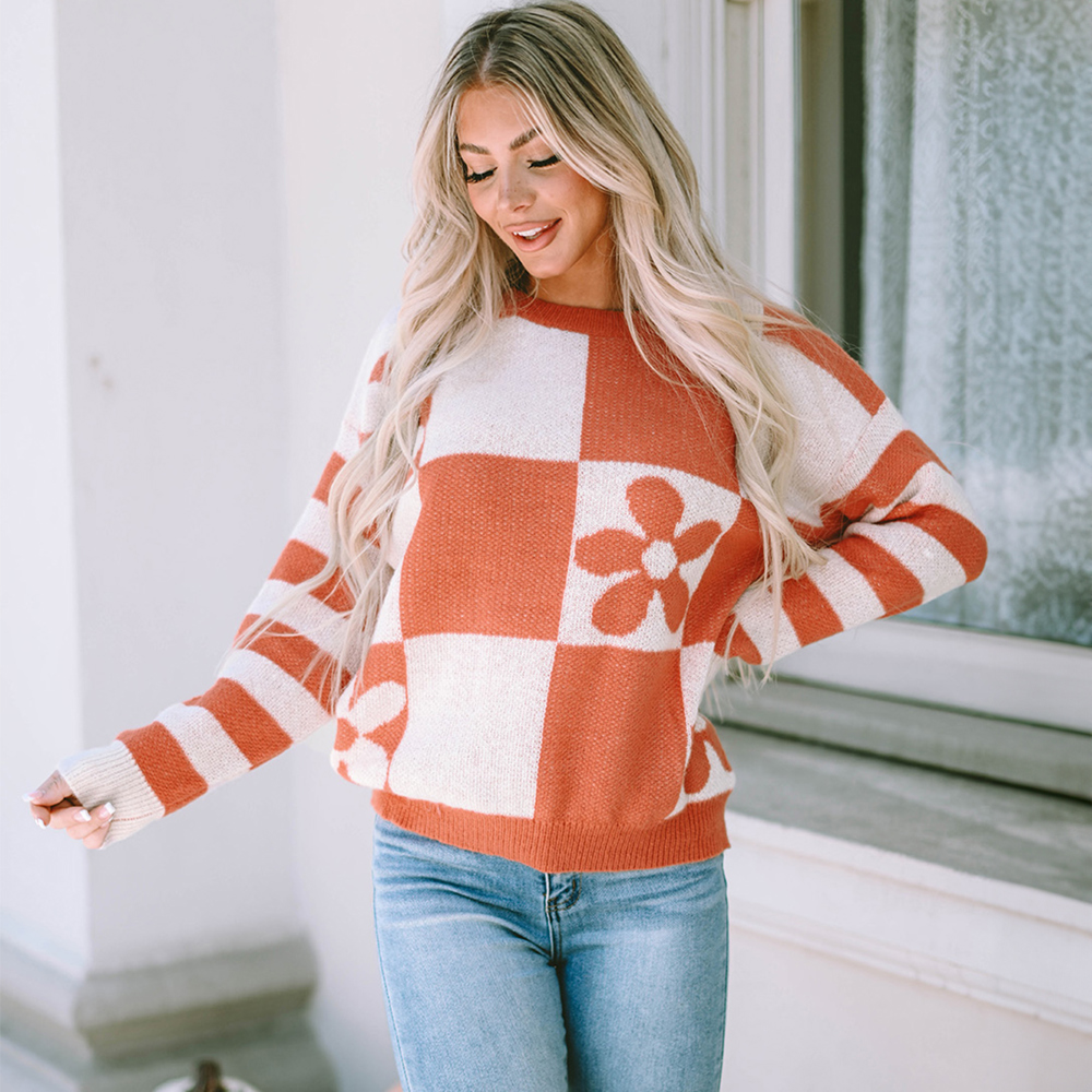 Checkered Floral Print Striped Sleeve Sweater