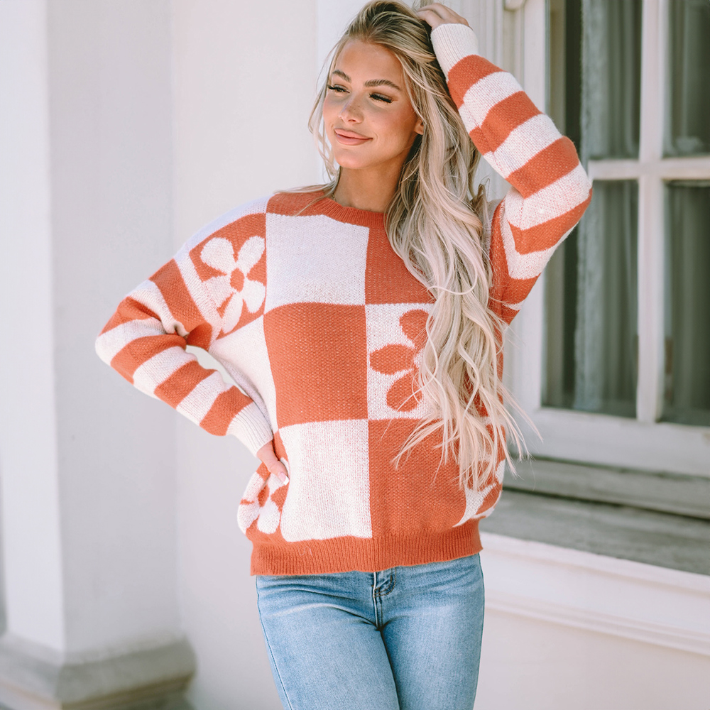 Checkered Floral Print Striped Sleeve Sweater