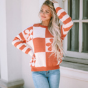  Checkered Floral Print Striped Sleeve Sweater