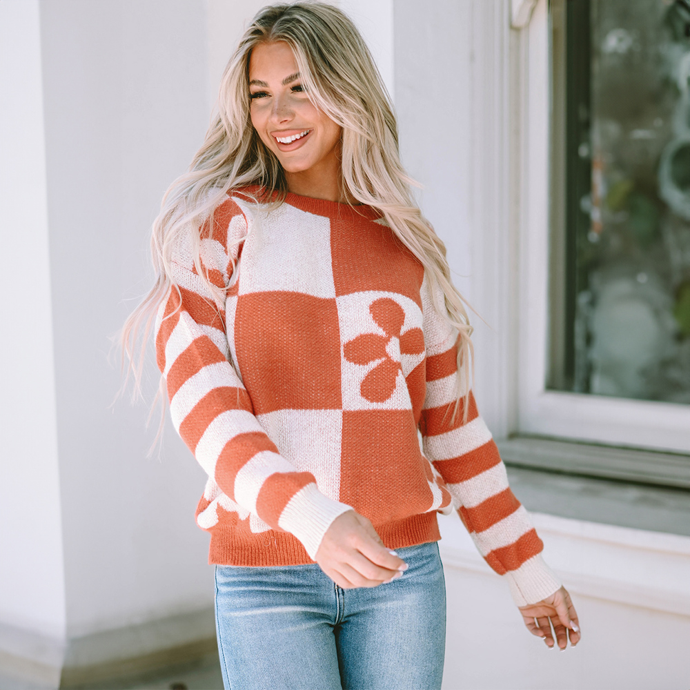 Checkered Floral Print Striped Sleeve Sweater