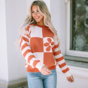  Checkered Floral Print Striped Sleeve Sweater