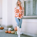  Checkered Floral Print Striped Sleeve Sweater