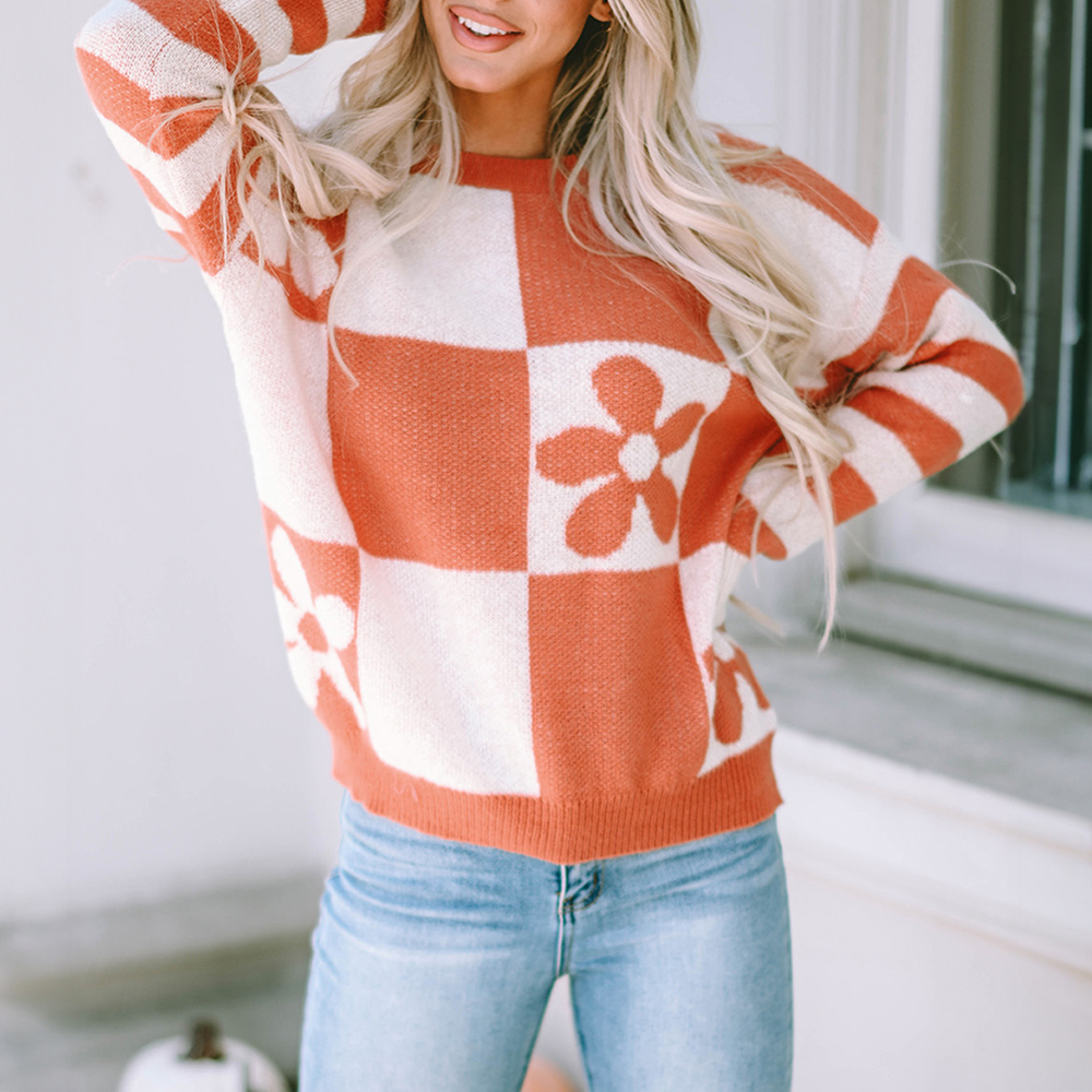 Checkered Floral Print Striped Sleeve Sweater