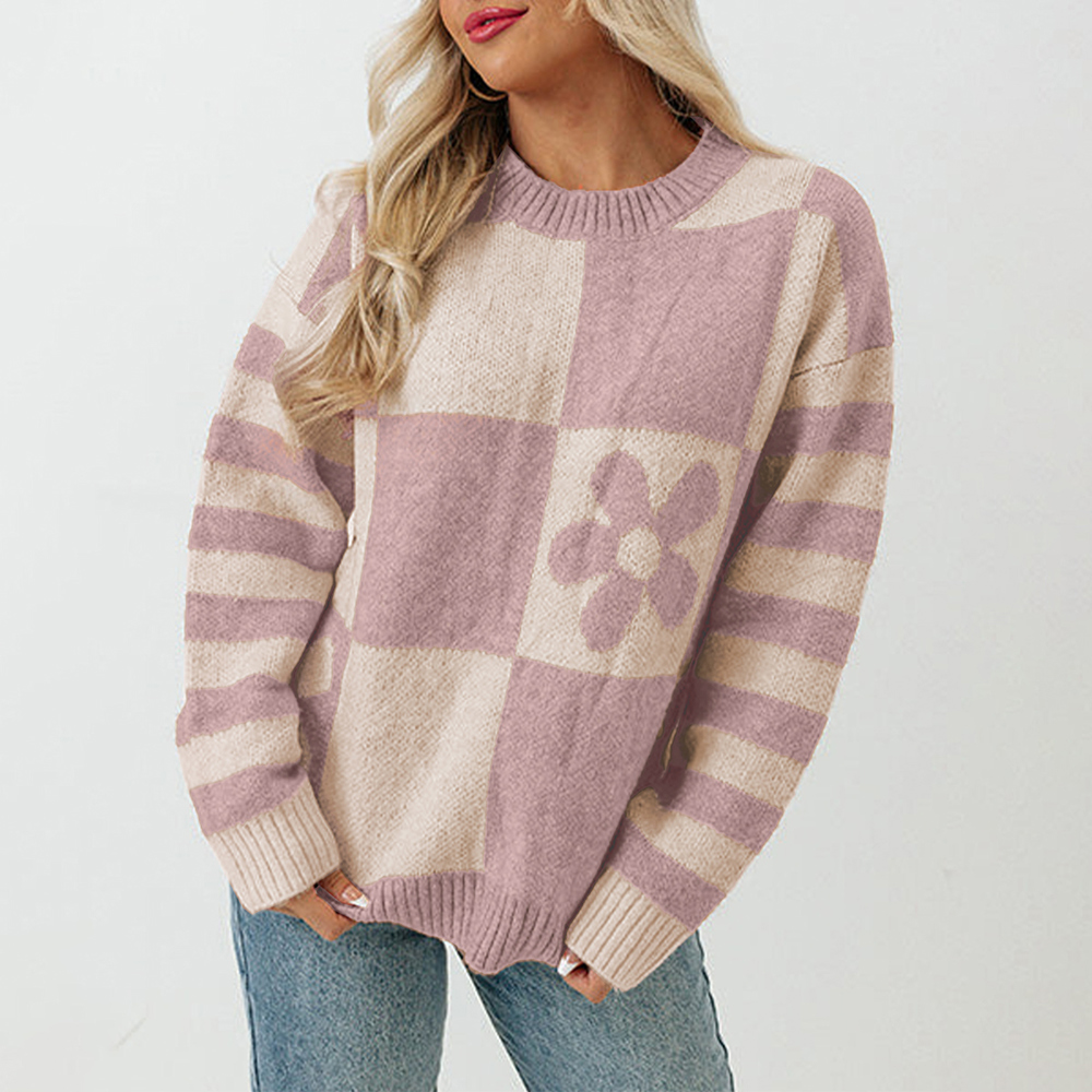 Checkered Floral Print Striped Sleeve Sweater