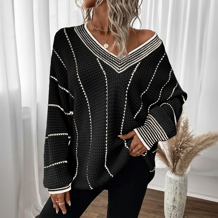 Black Colorblock Striped V Neck Knitted Loose Sweater