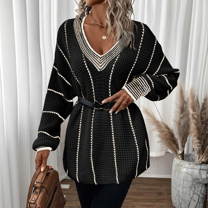 Black Colorblock Striped V Neck Knitted Loose Sweater