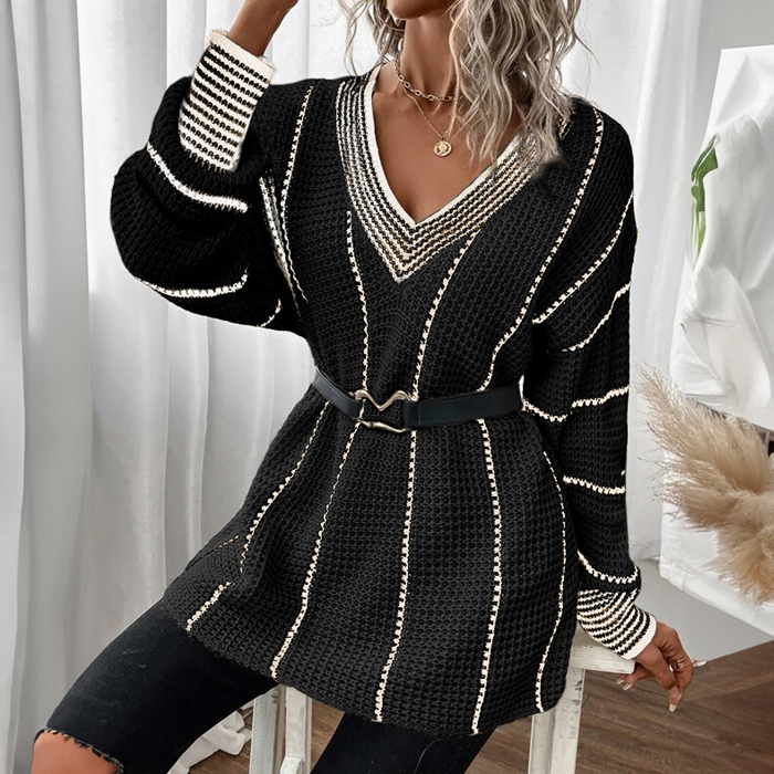 Black Colorblock Striped V Neck Knitted Loose Sweater