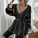  Black Colorblock Striped V Neck Knitted Loose Sweater