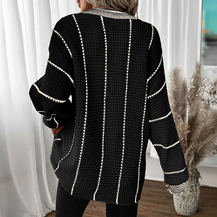 Black Colorblock Striped V Neck Knitted Loose Sweater