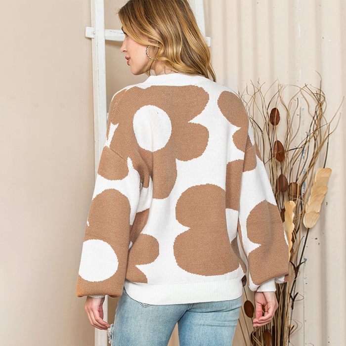 Khaki Big Flower Pattern Drop Shoulder Sweater