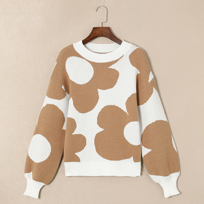 Khaki Big Flower Pattern Drop Shoulder Sweater