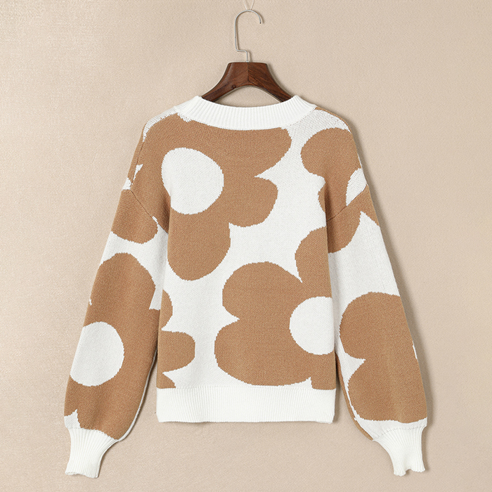 Khaki Big Flower Pattern Drop Shoulder Sweater