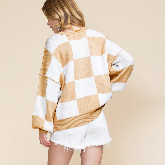 Long Sleeve Checkered Bishop Sleeve Sweater for women