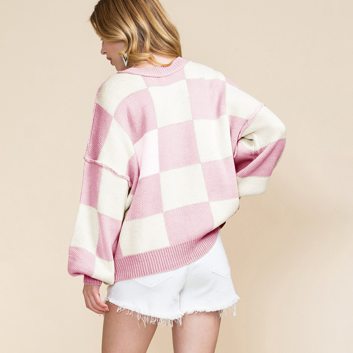 Long Sleeve Checkered Bishop Sleeve Sweater for women