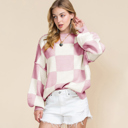  Long Sleeve Checkered Bishop Sleeve Sweater for women