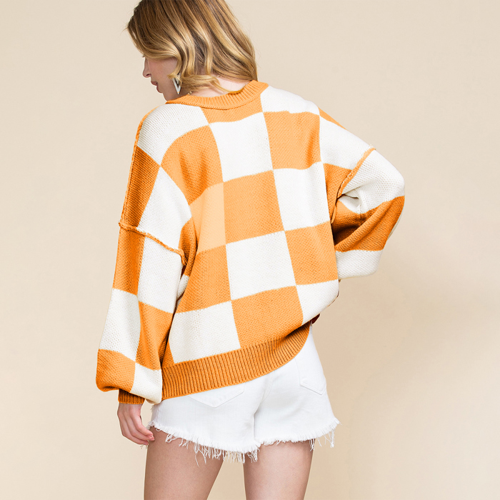 Long Sleeve Checkered Bishop Sleeve Sweater for women