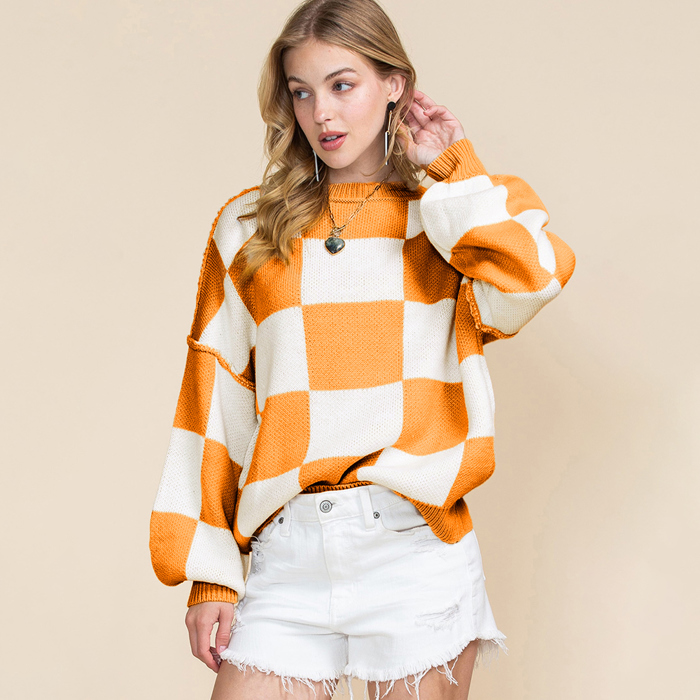 Long Sleeve Checkered Bishop Sleeve Sweater for women